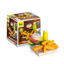 Erzi branded box titled Veggieburger with wooden veggie burger ingredients on a white background