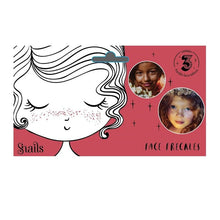 Snails face freckles product packaging with illustrations of faces and brand name.