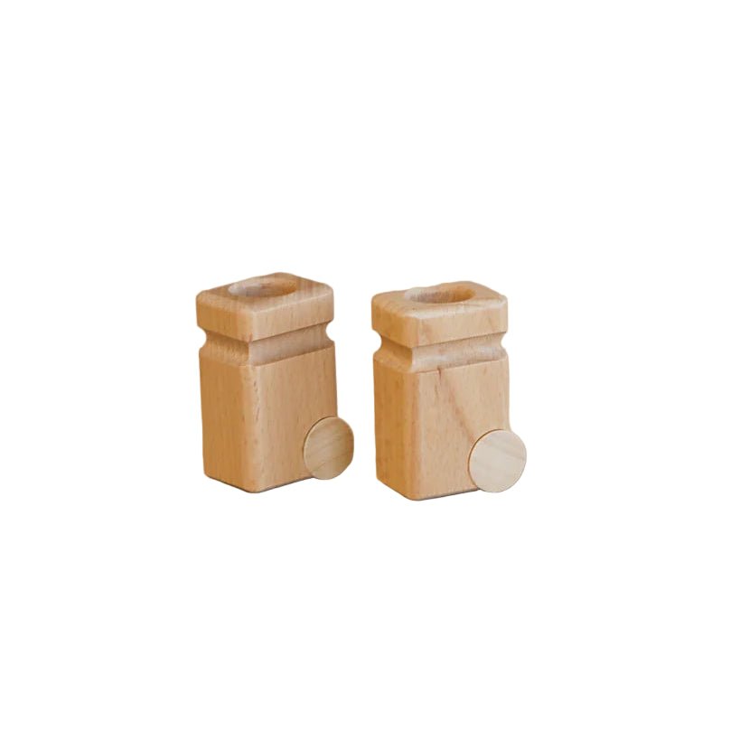 Two wooden garbage cans on a white background