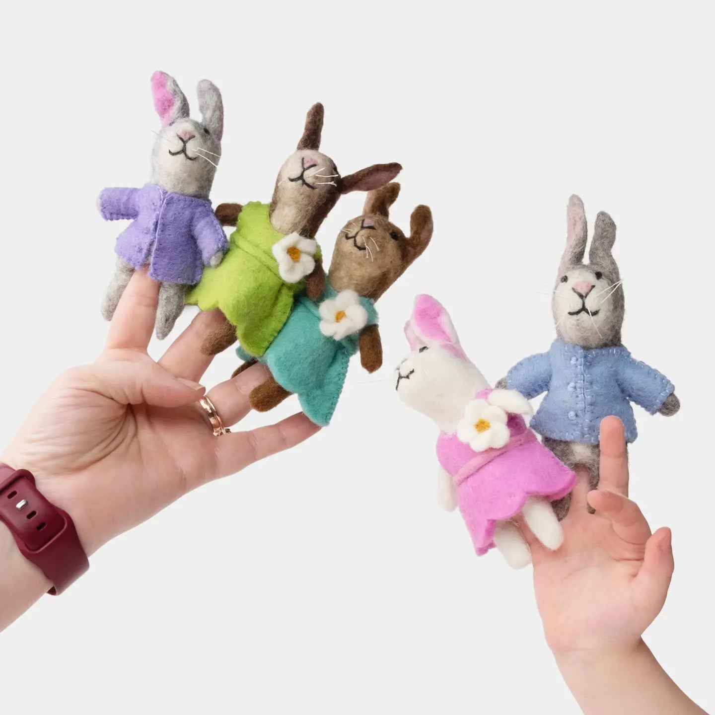 Fair Trade Handmade Felt Bunny Finger Puppets (6") - felt for open-ended play - Color: purple-2
