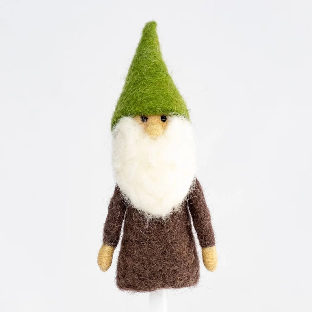 Gnome finger puppet with a green hat and brown tunic on a white background