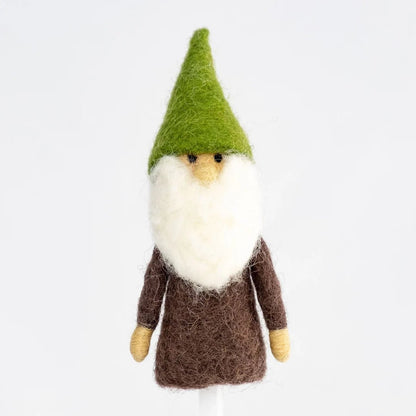 Gnome finger puppet with a green hat and brown tunic on a white background