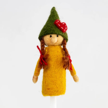 Gnome finger puppet with green hat and yellow dress on a white background
