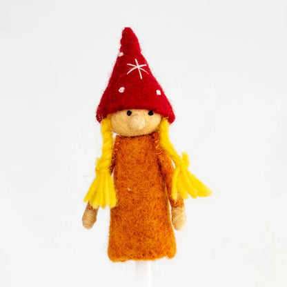 Gnome finger puppet with a red hat and orange dress on a white background