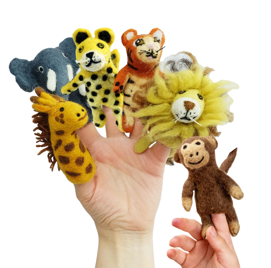 Set of colorful animal finger puppets on a hand against a white background