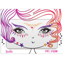 Face tattoo packaging with purple, pink, and gold face stickers