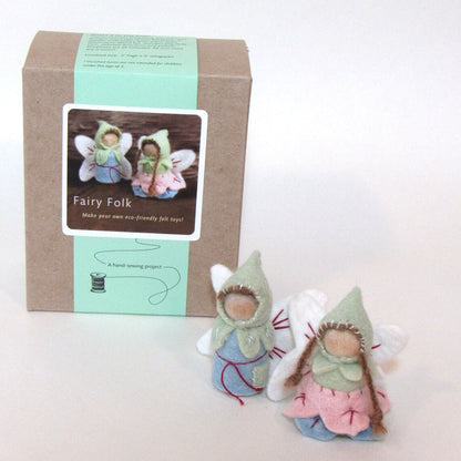 Fairy-themed craft kit with felt fairy dolls and packaging on a white background