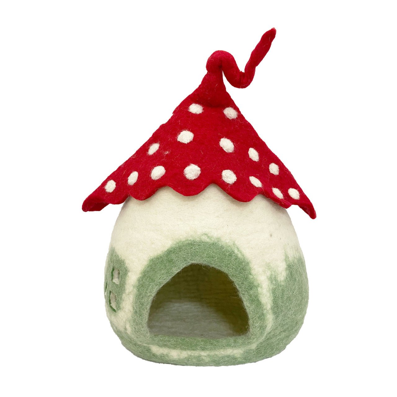 Mushroom cave with red-polka dot roof on a white background