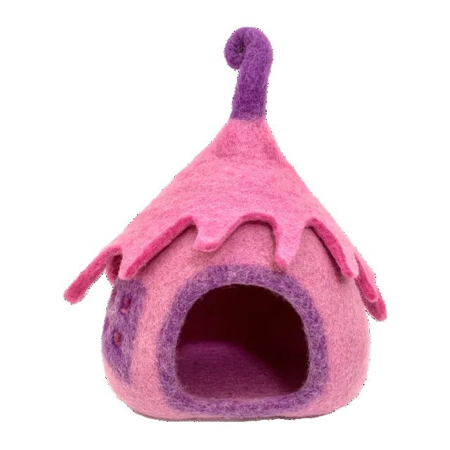 Pink and purple felt fairy cave on a white background