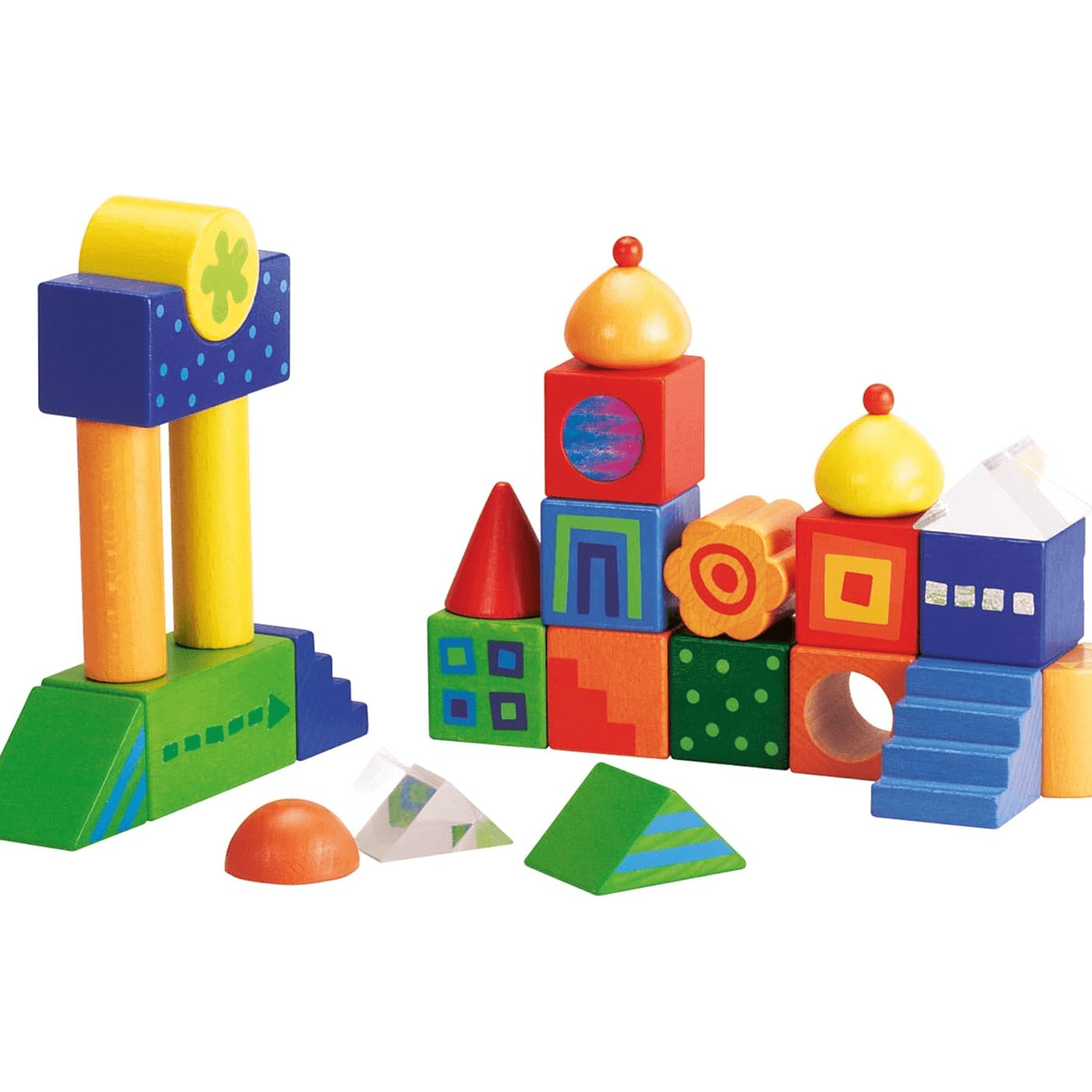 Colorful toy building blocks on a white background