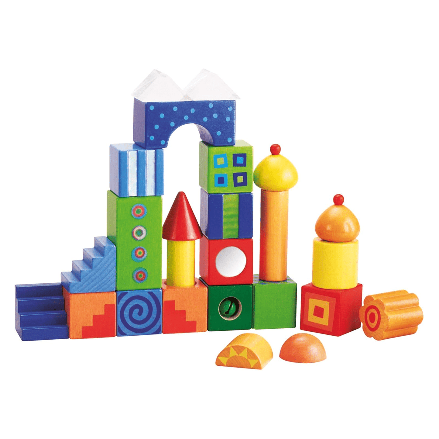 Colorful toy building blocks on a white background