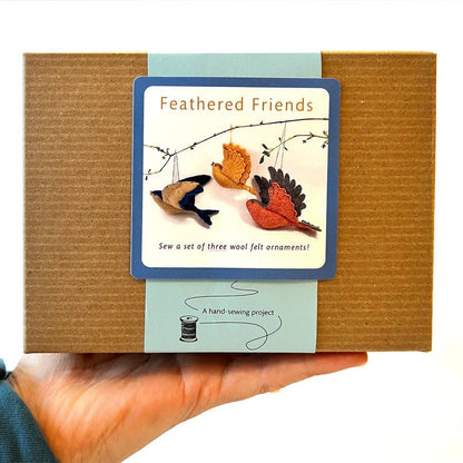 Hand holding a box labeled 'Feathered Friends' with felt bird ornaments on a white background