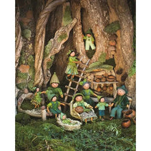 Gnome figurines in a forest setting with a treehouse and various gnome activities.
