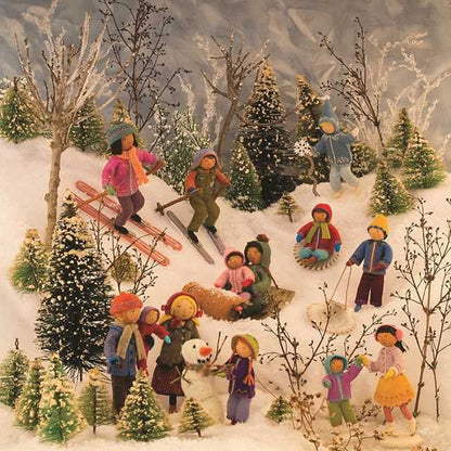 Illustration of children playing in a snowy landscape with trees and a snowman.