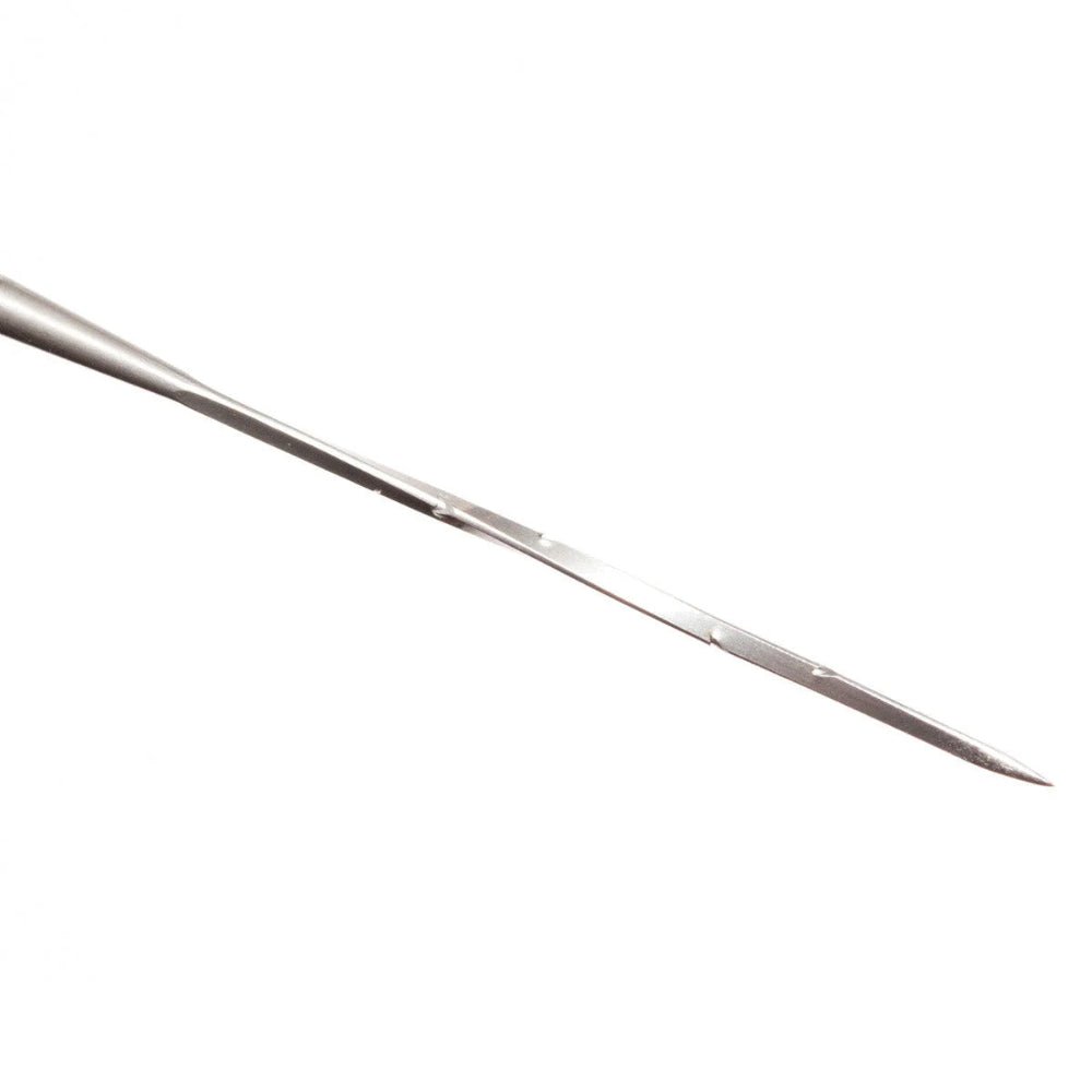 Close up of spiral felting needle on a white background