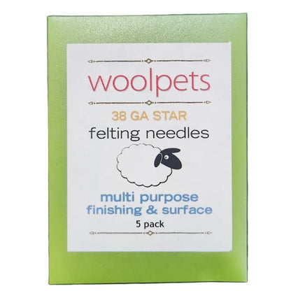 woolpets branded packaging for 38GA star felting needles on a white background