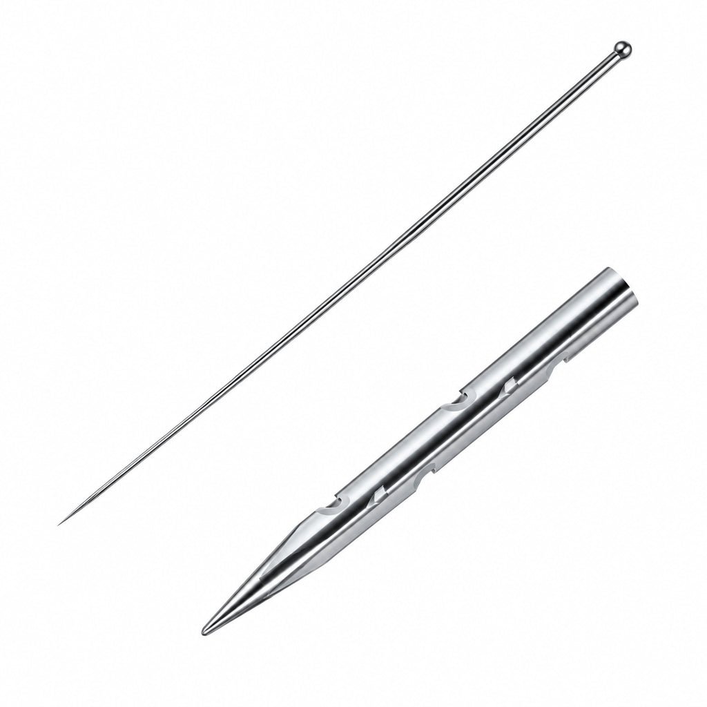 Close up of a star shaped felting needle on a white background