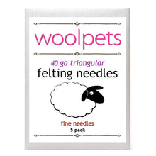 Package of five 40ga felting needles with woolpets branding on a white background