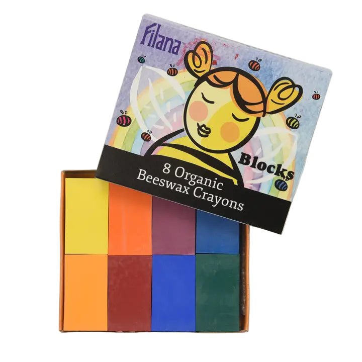Filana organic beeswax crayons set with colorful blocks and packaging on a white background