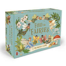 A boxed game titled "Find the Fairies: A Memory Game" shown at a slight angle on a clean white background. The box is light aqua with whimsical fairy illustrations, flowers, leaves, and mushrooms, and the title appears in large gold lettering on the front.