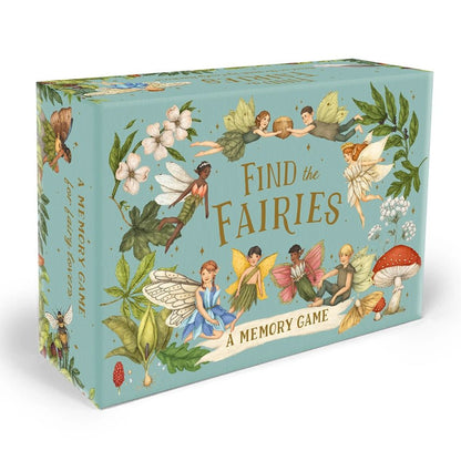 A boxed game titled "Find the Fairies: A Memory Game" shown at a slight angle on a clean white background. The box is light aqua with whimsical fairy illustrations, flowers, leaves, and mushrooms, and the title appears in large gold lettering on the front.