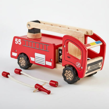 A wooden toy fire truck in red and natural wood, shown on a light gray background with two detachable rope hoses placed in front.
