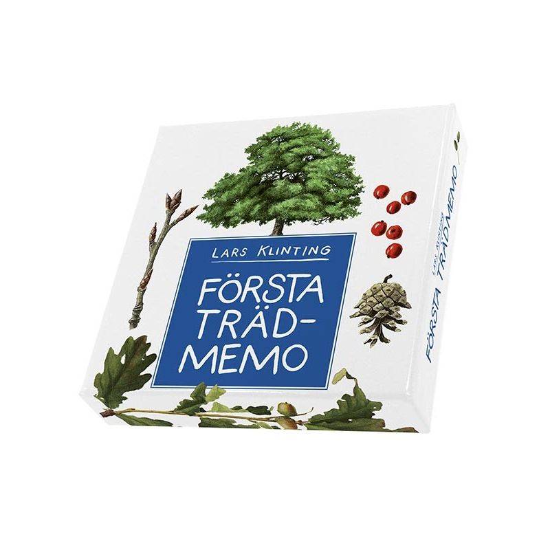 Packaging of Lars Klinting's 'Första Träd-Memo' game with nature-themed design on a white background