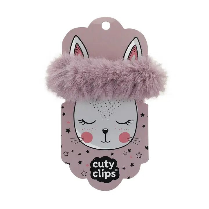 Pink fluffy hair band on a 'cuty clips' branded card on a white background