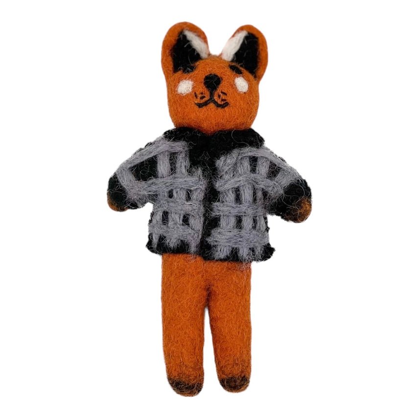 Felted fox wearing a grey sweater on a white background