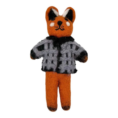 Felted fox wearing a grey sweater on a white background
