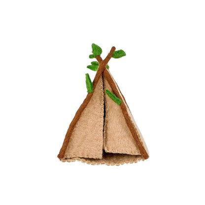 Small felted tent with branches and leaves on a white background