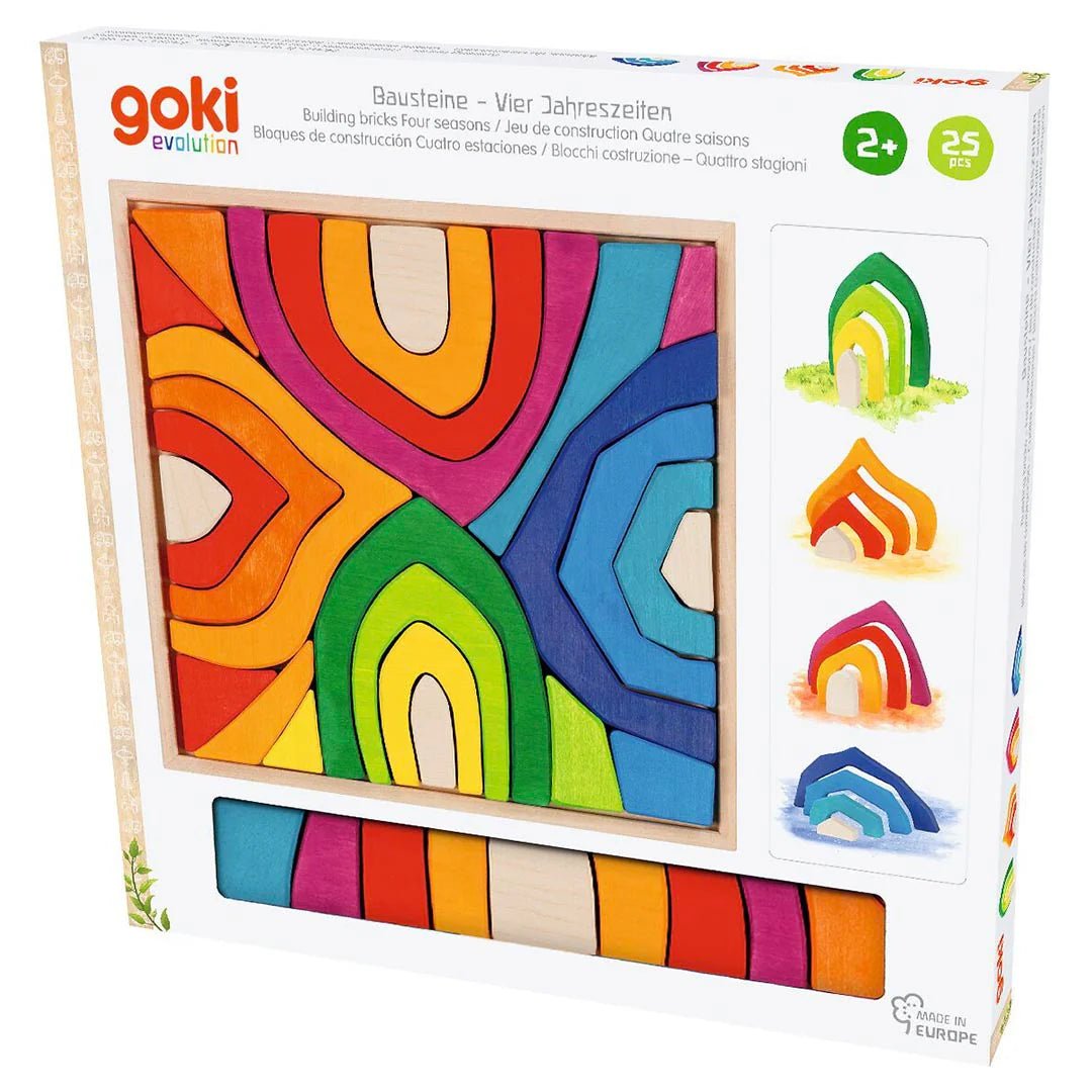 Goki wooden building blocks set packaging with colorful blocks and assembly instructions.