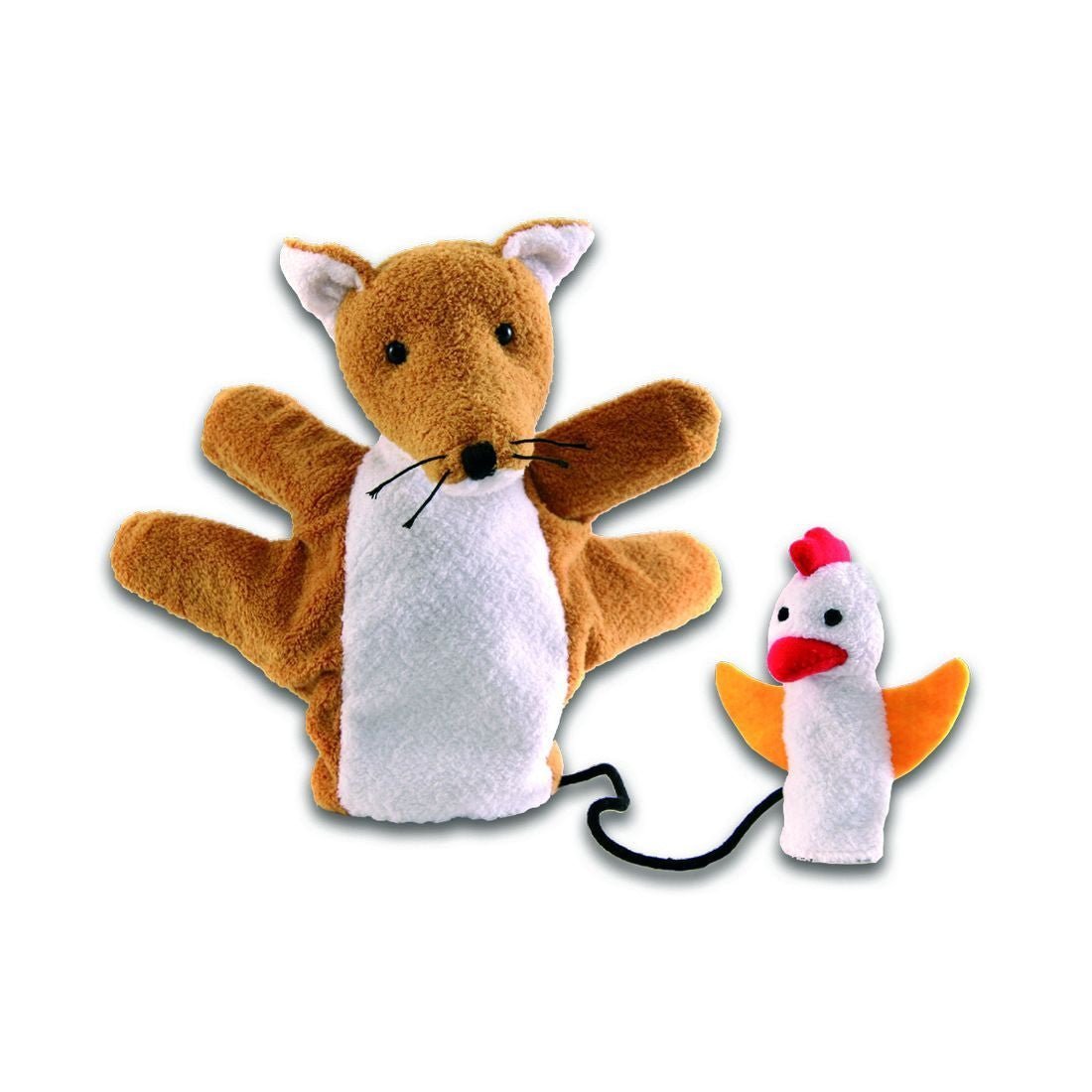 Fox hand puppet with attached chicken finger puppet