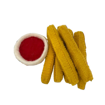 6 felted french fries and a bowl of ketchup on a white background
