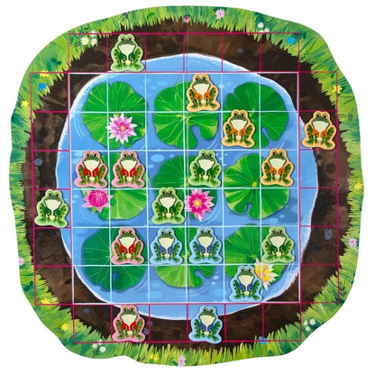 Board game piece with frogs and lily pads on a pond design