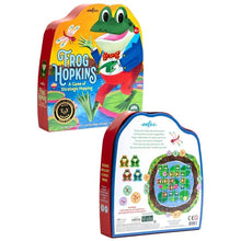 Colorful packaging of 'Frog Hopkins' board game with a frog character on a white background