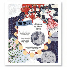 Illustrated book page titled "The Moon: The Hero of Rhythm and Renewal" featuring a whimsical moon-themed design with a large moon illustration, red lanterns, a Chinese knot, a woman in a flowing red dress, clouds, stars, and text on a white central panel.