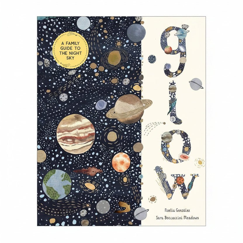 Front cover of the book 'Glow' with space-themed illustrations on a dark blue background