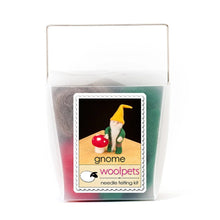 Frosted plastic box containing materials to make a needle felted gnome with woolpets branding on a white background