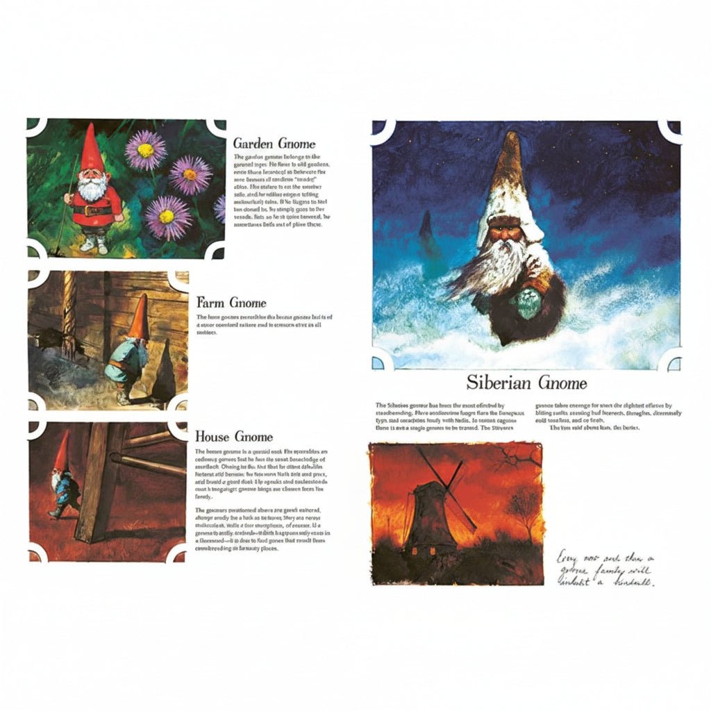 Illustrated book page with different types of gnomes and their descriptions.