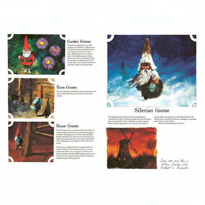 Illustrated book page with different types of gnomes and their descriptions.