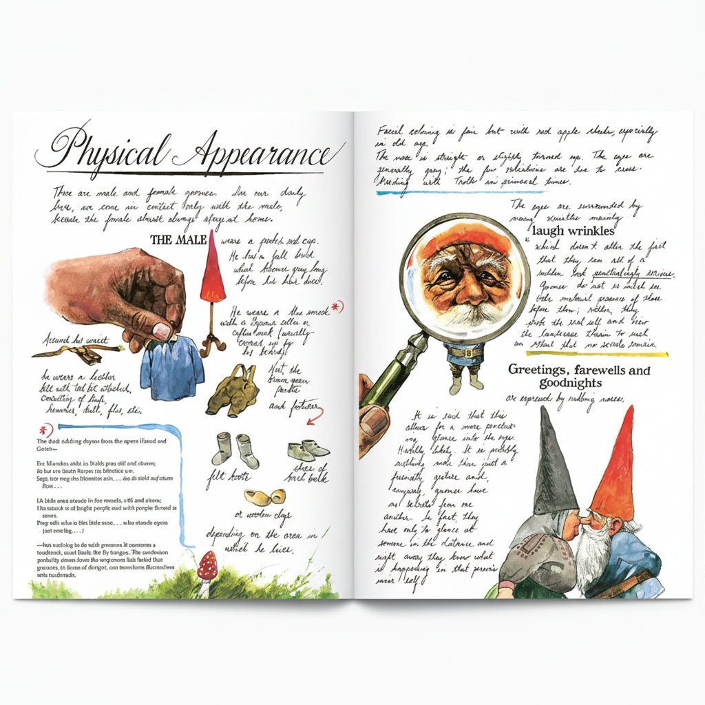 Illustrated page titled, 'Physical Appearance' with text and images of a gnome, magnifying glass, and other elements on a white background.