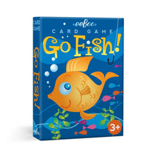 Card game box for 'Go Fish!' by eeBoo with a fish illustration on a blue background.