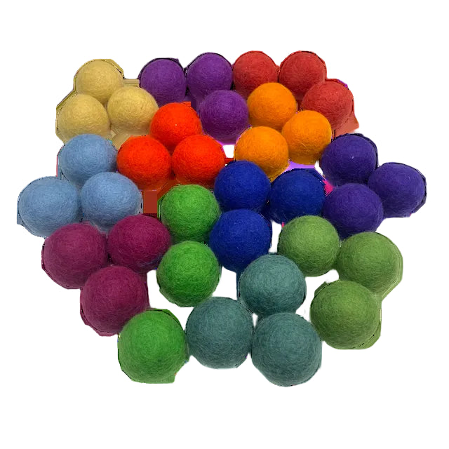 Pile of 36 felt balls in 12 different colors
