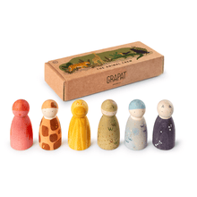 Set of colorful wooden peg dolls with a Grapat box on a white background