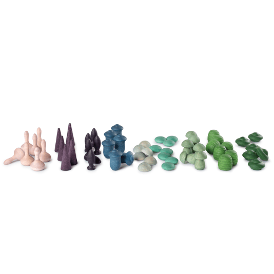 Colorful geometric sculptures on a white background