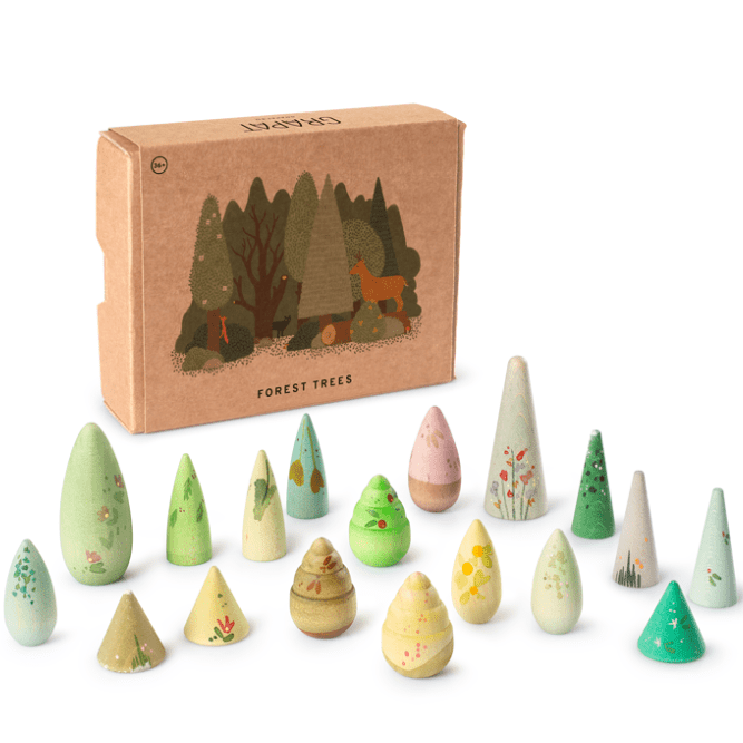 Set of wooden tree-shaped toys with a cardboard box featuring illustrations on a white background