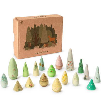 Set of wooden tree-shaped toys with a cardboard box featuring illustrations on a white background