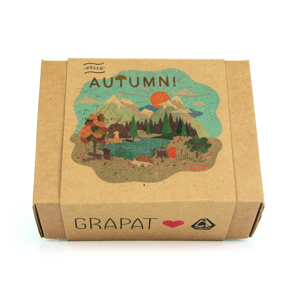 Grapat branded cardboard box that says Hello Autumn on a white background