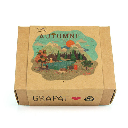 Grapat branded cardboard box that says Hello Autumn on a white background